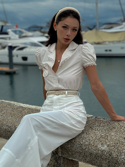 Le Palais Vintage  Sweet and Spicy Girly Short Puff Sleeve Shirt High Waist Pumpkin Shorts-QUINN