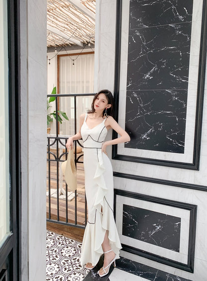 DOLLY Elegant White/Black V-Neck Sleeveless High Waist Long Ruffle Dinner Dress-MIA