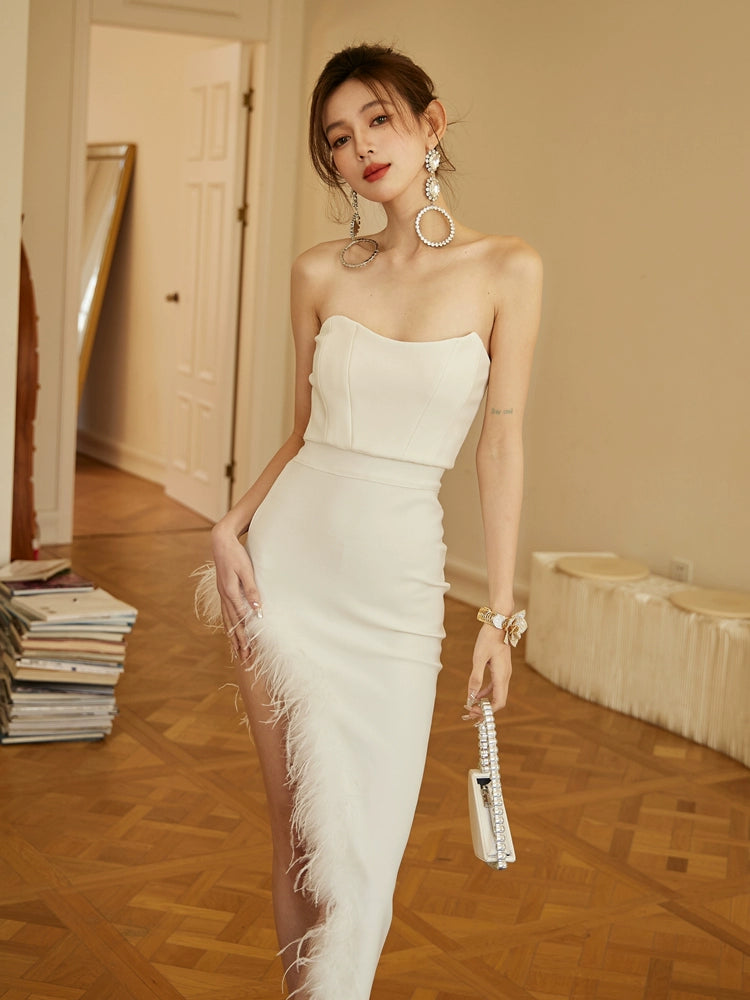 DOLLY Elegant Sleeveless Off Shoulder Tube Top High Slit Feather Dress-NIKKI