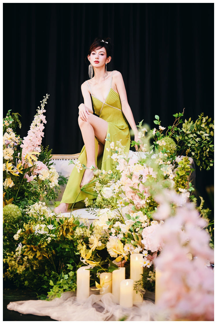 DOLLY Elegant Green V-Neck Sleeveless Slim Fit Backless Slit Resort Dress-JUN