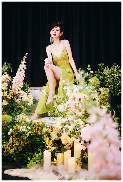 DOLLY Elegant Green V-Neck Sleeveless Slim Fit Backless Slit Resort Dress-JUN