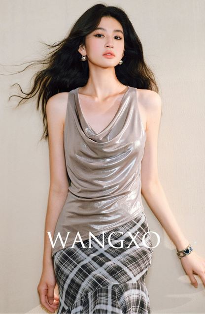 WANGXO Luxurious Metallic Luster Silk with Vertical Cut Swing Collar Top  - ZAYNA