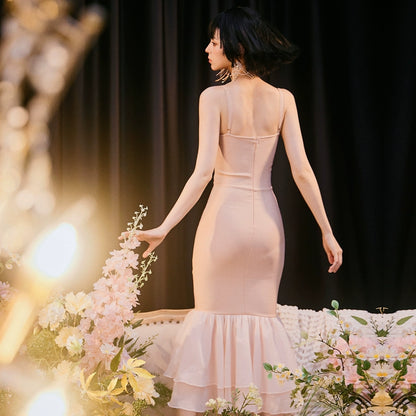 DOLLY Elegant Nude French Style Sleeveless Ruffle Fish Tail Dinner Dress-AMALIA