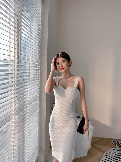 DOLLY Elegant V-Neck Sleeveless Tube Top Body Hug Midi Party Dress-KASIE