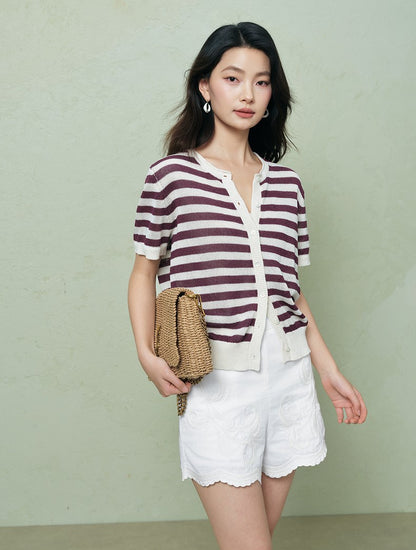 SUSHE light hollow texture striped short-sleeved knit sweater new stretch loose top -BESS