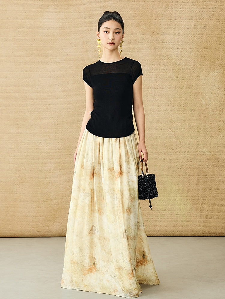 HECO Chinese style slightly transparent round neck knitted short sleeve T-shirt -BING.