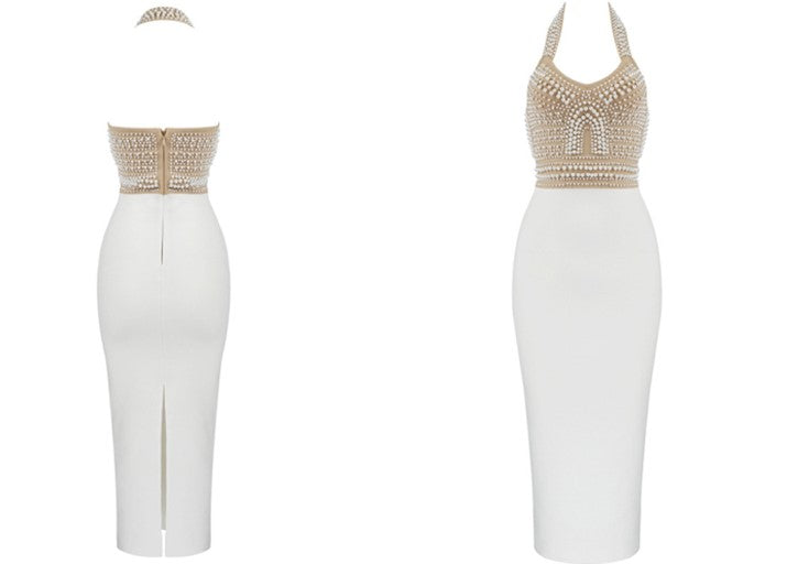 DOLLY High End V-Neck Sleeveless Halter Neck Pearl Body Hug Long Party Dress-CHARMAINE