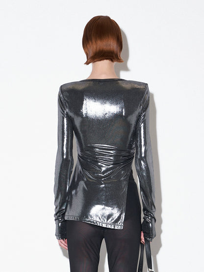 ANNAKIK designer model Silver gray pinch pleated diagonal slit long sleeve top-ICHIGO