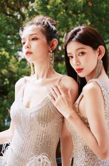 DOLLY Luxury Sliver V-Neck Sleeveless Beaded Sequin Feather Short Dress-JULIA