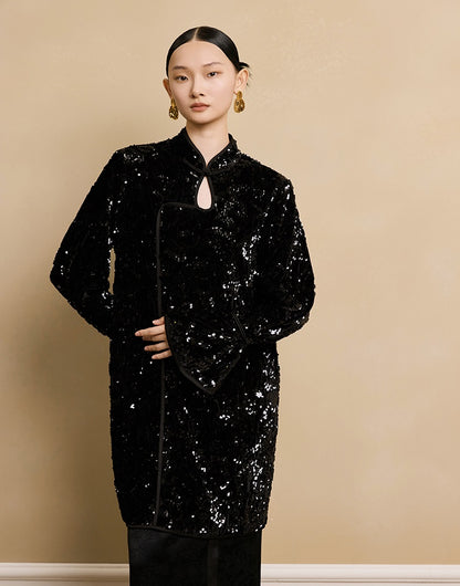 HECO floral sequins embroidery long sleeve short DRESS  - CUTE.