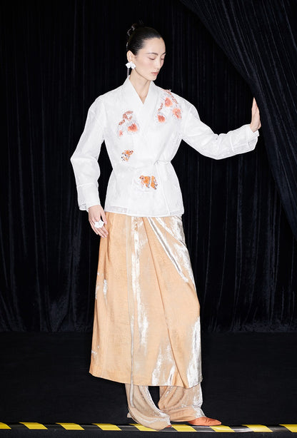 M essential Mackay designer label Quiet lace dahlia Thai lion goldfish studded Kimono Top - NICE.