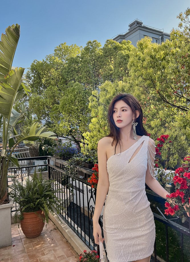 DOLLY Elegant Slant Collar Sleeveless Splice Sequin Slim Fit Dinner Guest Dress-NANA