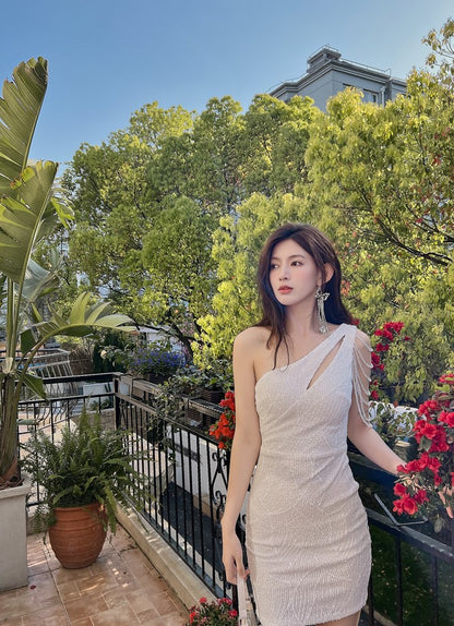 DOLLY Elegant Slant Collar Sleeveless Splice Sequin Slim Fit Dinner Guest Dress-NANA