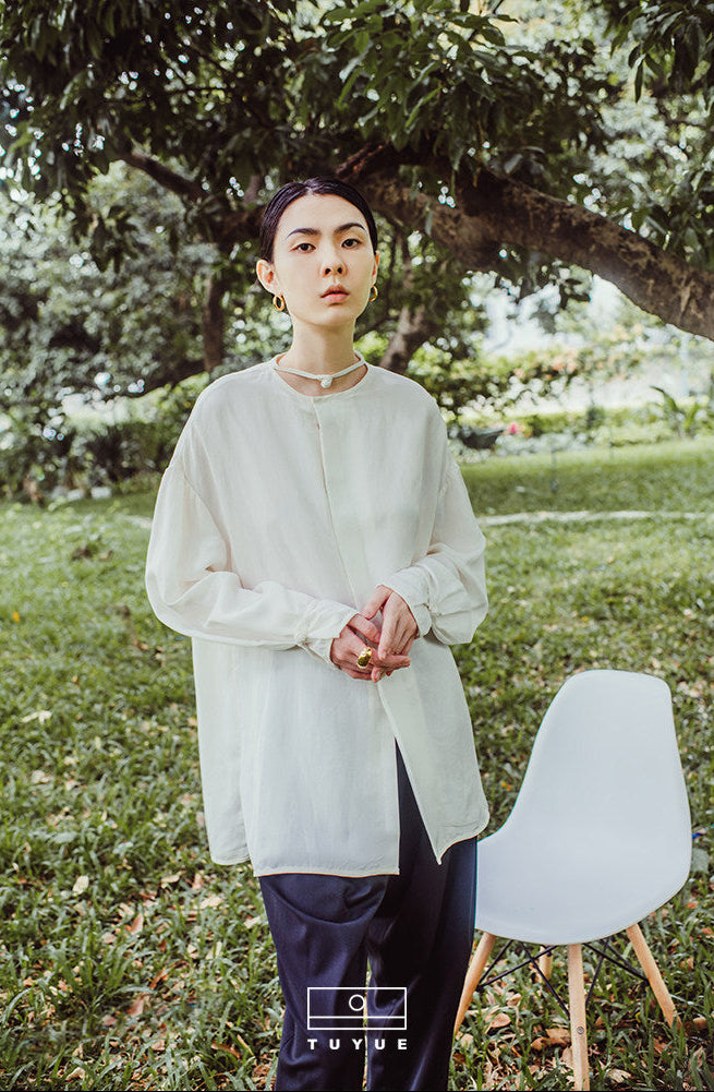 TUYUE White Linen Handmade Buckle Long Sleeve Loose Shirt- MIKO.