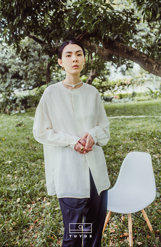 TUYUE White Linen Handmade Buckle Long Sleeve Loose Shirt- MIKO.