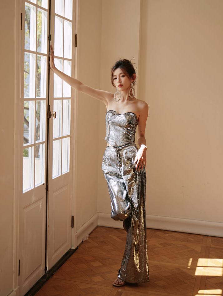 DOLLY Luxury Two Piece Sleeveless Sequin Tube Top + Long Sequin High Waist Flare Pants-THEA