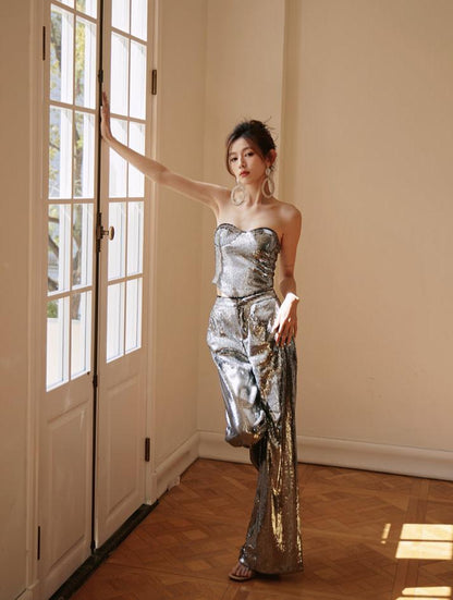 DOLLY Luxury Two Piece Sleeveless Sequin Tube Top + Long Sequin High Waist Flare Pants-THEA