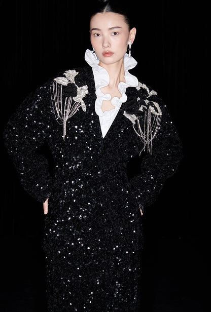 M essential Mackay designer three-dimensional silver orchid catenary beaded jacket - tems.