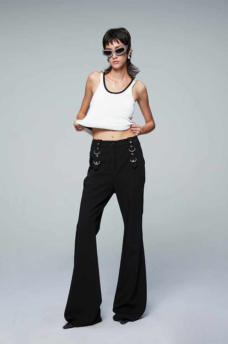 ANNAKIKI Designer Black Buckle Slim Fit Wide-Leg Casual Boot Pants-SAKATA