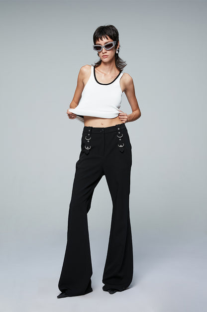 ANNAKIKI Designer Black Buckle Slim Fit Wide-Leg Casual Boot Pants-SAKATA