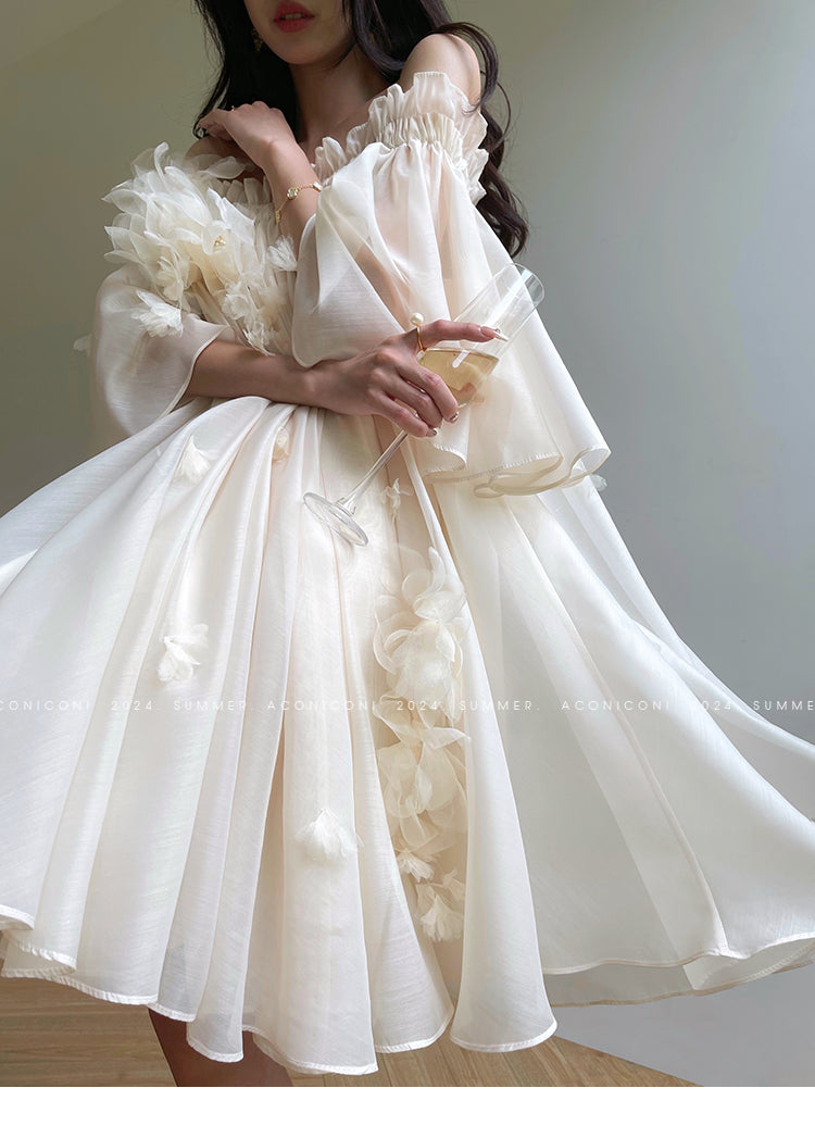 Aconiconi Luxury Off-Shoulder Flower Short Sleeve bridal baby doll Dress - Magnolia Lotus Fragrance
