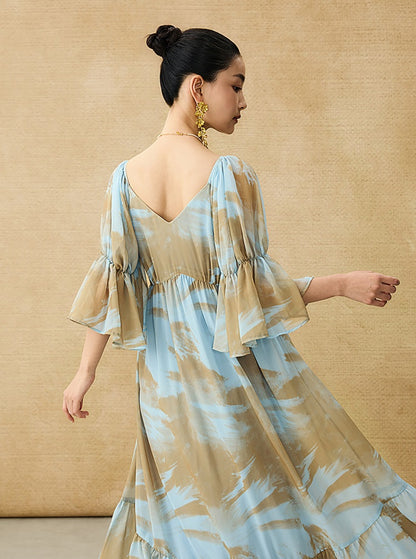 HECO Chinese V-neck wavy sleeve summer big resort dress - AMAZE .