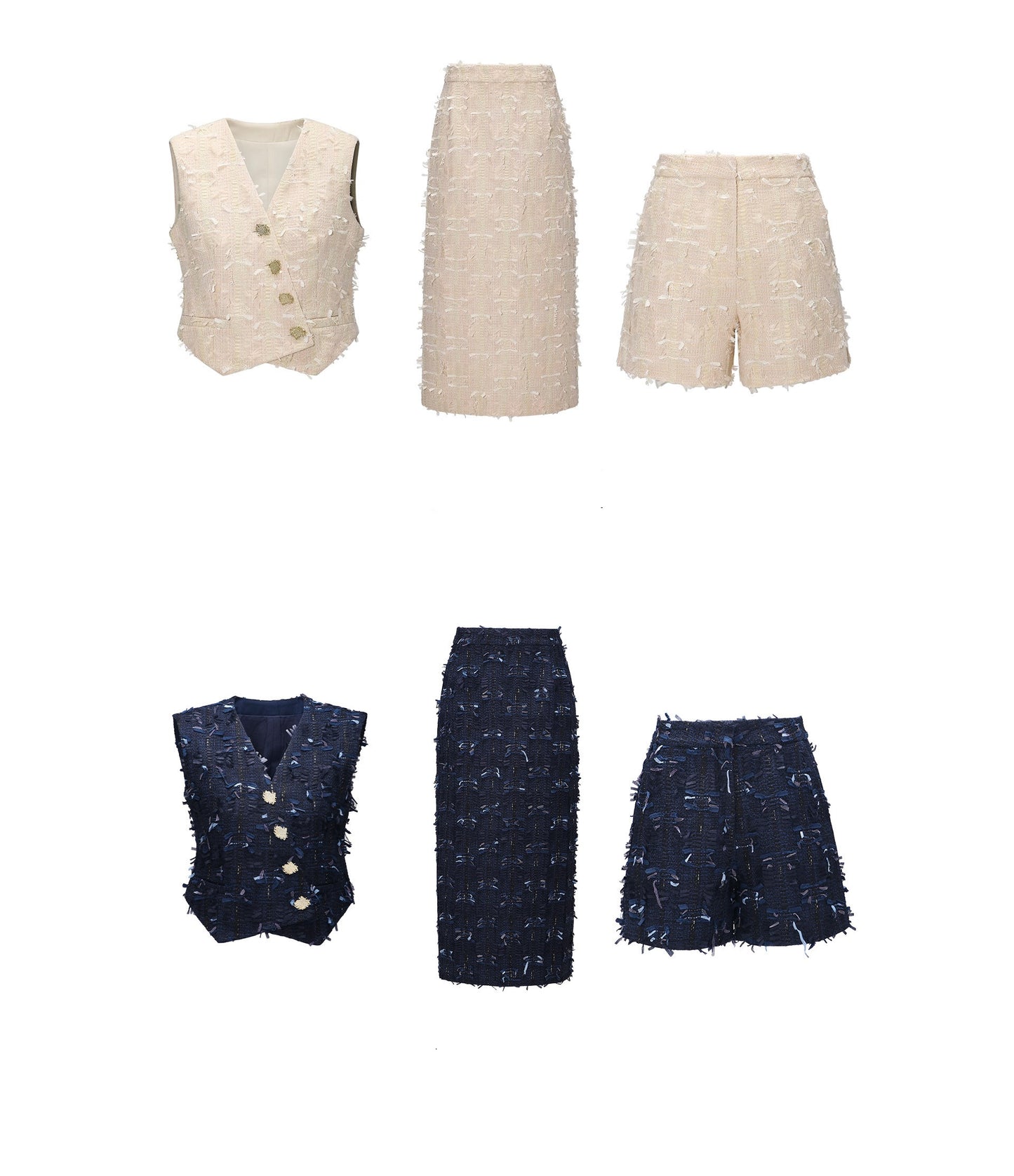 WANGXO | Yaluxe Custom \Pull Wool  Multi-Yarn Woven Vest, Shorts & Skirt Set -RINA