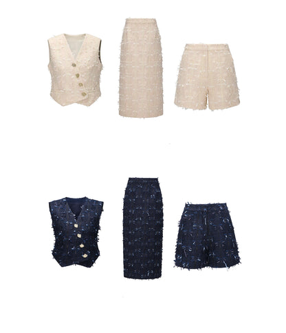 WANGXO | Yaluxe Custom \Pull Wool  Multi-Yarn Woven Vest, Shorts & Skirt Set -RINA