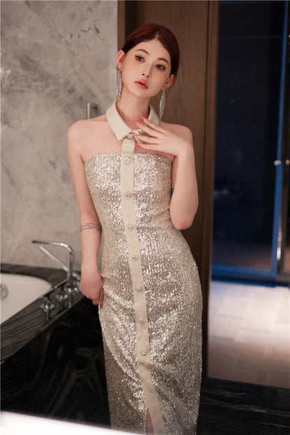 Wardrobes by Chen High End Sequin Halter Neck Cocktail Dress-Davy
