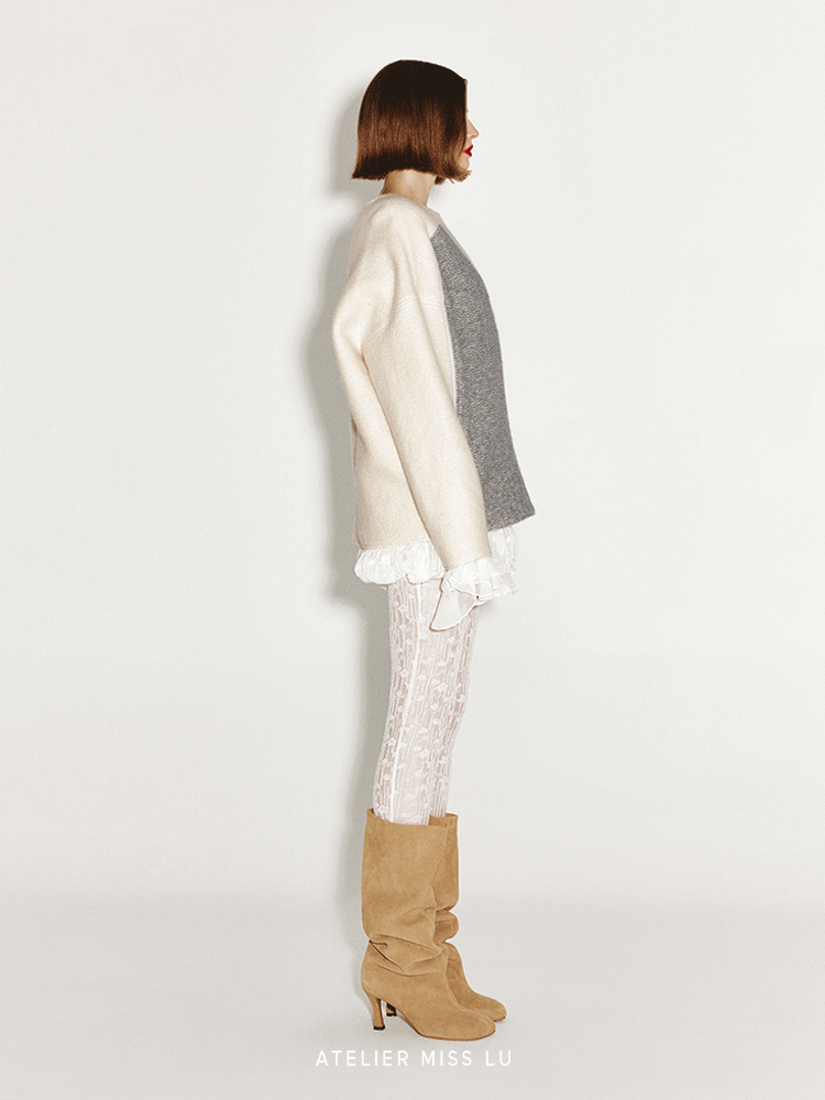 ATELIER MISS LU Love Geometric Fun Contrasting Sheep Wool Sweater - OBSESSED