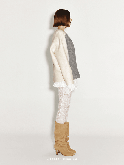 ATELIER MISS LU Love Geometric Fun Contrasting Sheep Wool Sweater - OBSESSED
