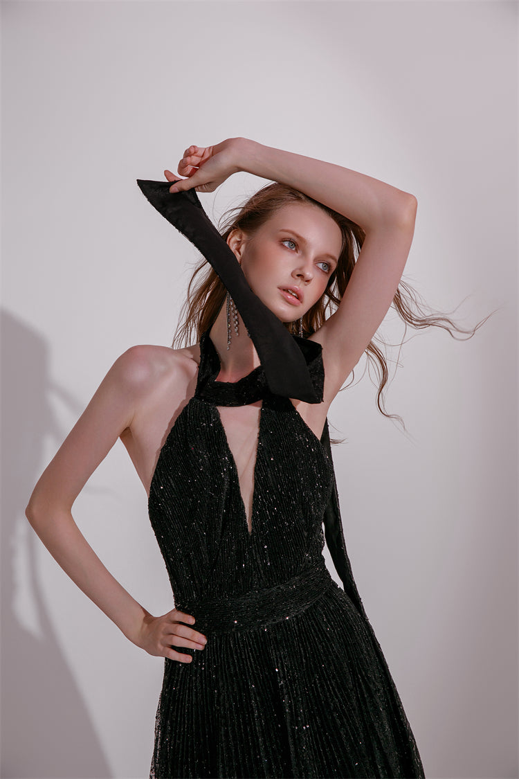 Wardrobes by Chen High End Black Halter Neck Sleeveless lbd Cocktail Dress-Blackie