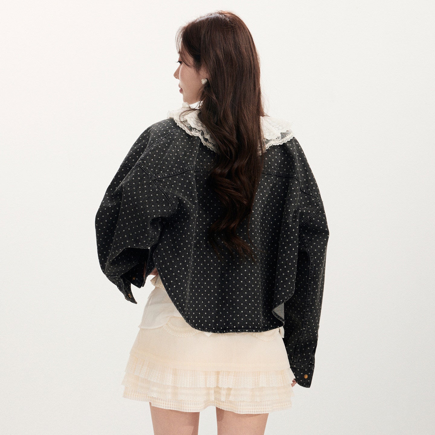 FAME Double-Collar Polka-Dot Denim Jacket - ELOWEN