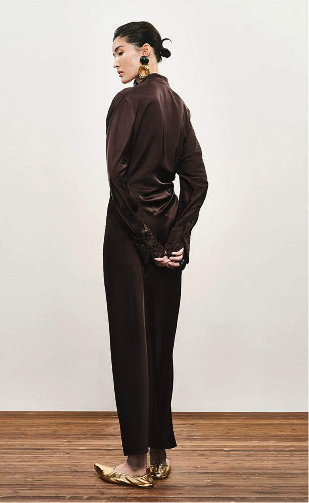 ZHUCHONGYUN Brown long-sleeve midi wrap dress-TRAIFY.