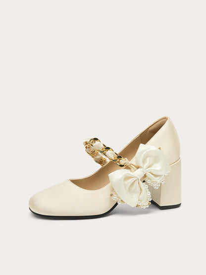 Lily Wei sweet white shallow shoes square toe bow shoes - ELEANOR