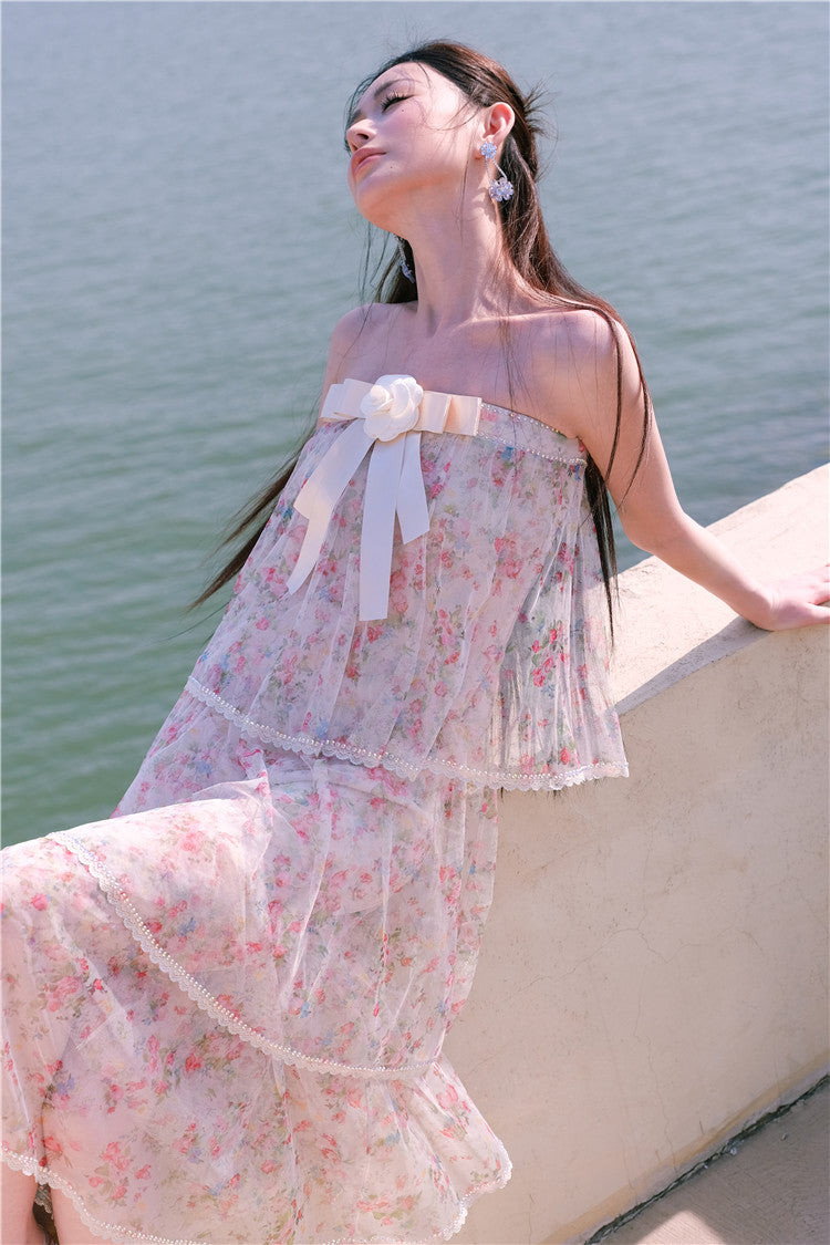 Wardrobes by Chen Luxury Floral Tube bow Maxi Summer Dress-Marilyn