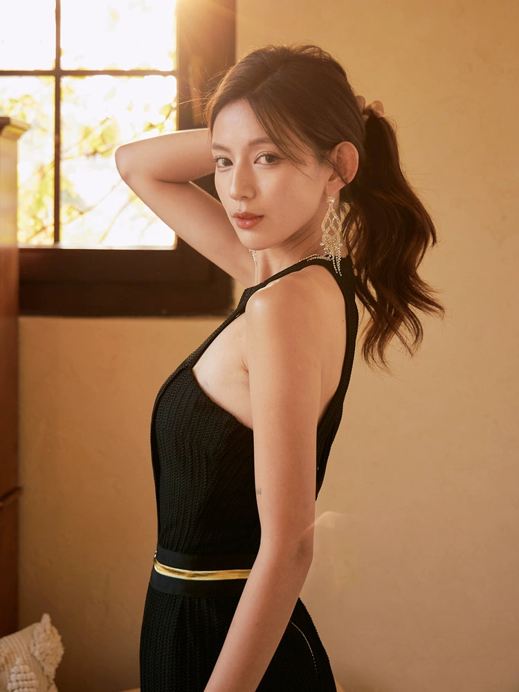 DOLLY High End Black Halter Neck Wrinkle Wide Flared Leg Pant Jumpsuit-LARA