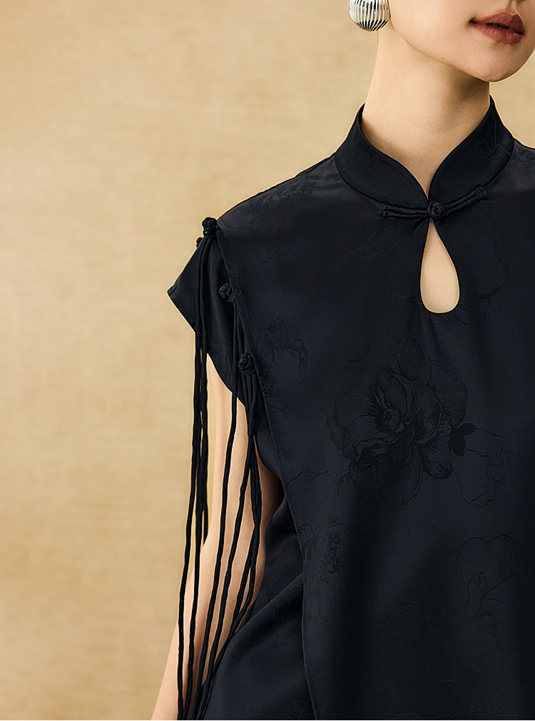 HECO Chinese Peony Buckle Short Sleeve Acetate Tassel Top - TEACH .