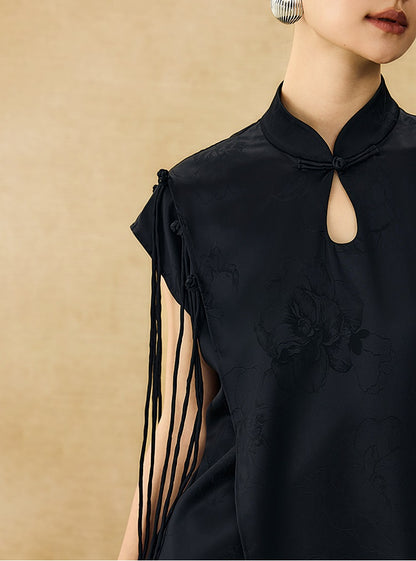 HECO Chinese Peony Buckle Short Sleeve Acetate Tassel Top - TEACH .