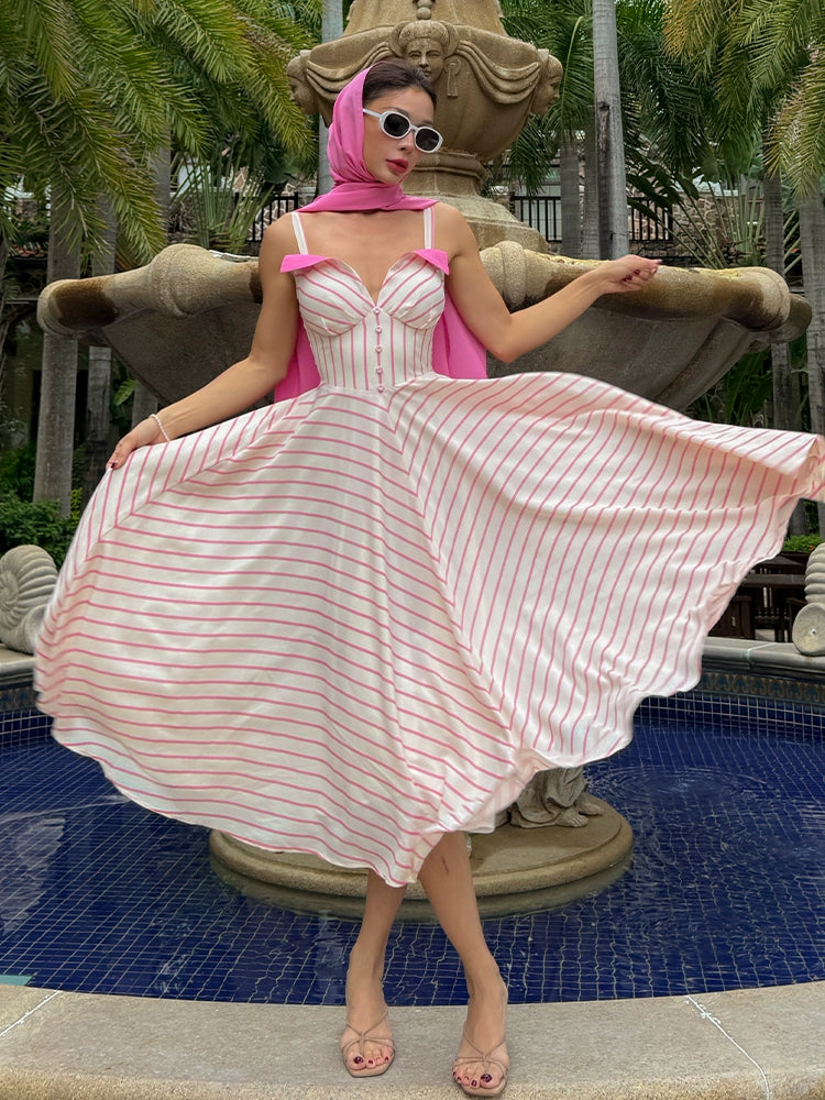 Le Palais Vintage Elegant  pink and white striped heavy work Maxi skirt draped dress-UNIQUE