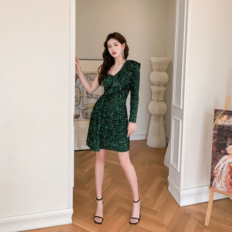 DOLLY Luxury White Sequined Slant Collar Off Shoulder Long Sleeve Dinner Dress-KAKA