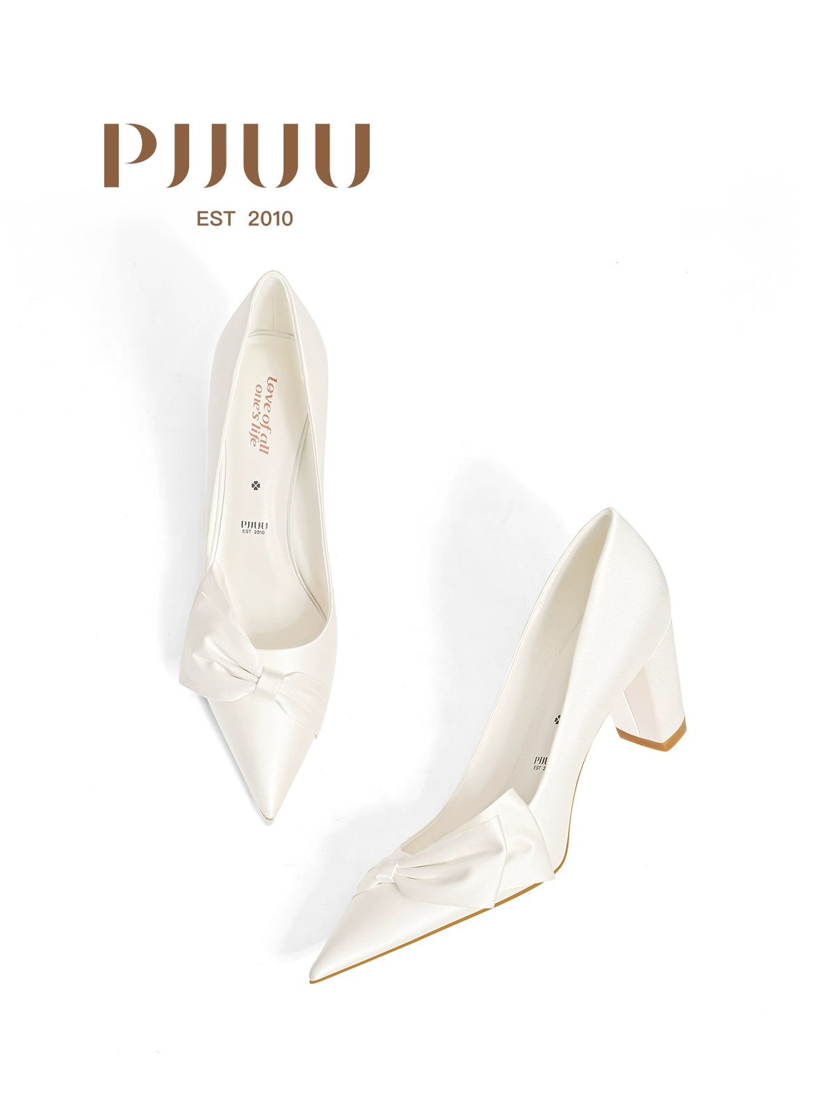 PJJUU white thick satin high heels - SQUEN.