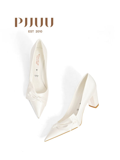 PJJUU white thick satin high heels - SQUEN.