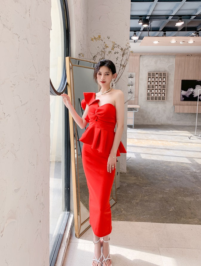 DOLLY Elegant French Style Off Shoulder Ruffle Short Top+ High Waist Skirt-LOIS