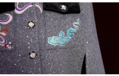 Magic Q Gray Dunhuang Embroidered Beaded Shirt Collar wool Cloak Shawl - Flying Sky