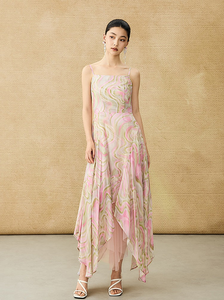HECO Chinese Style Silk Chiffon Slip Summer Water Ripple Print Long Skirt - PEKKER.