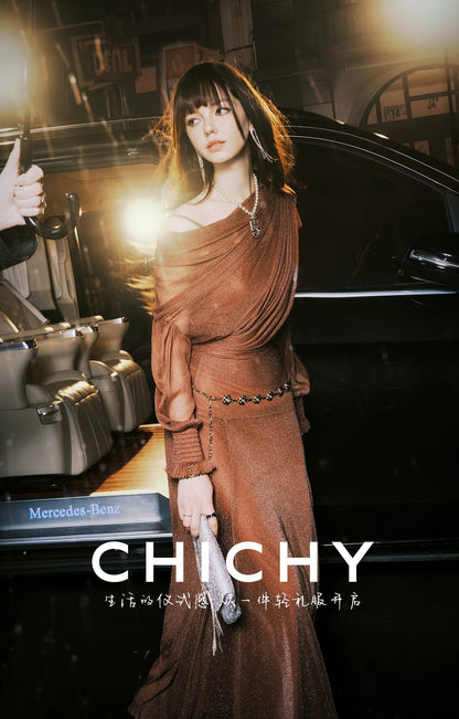 CHICHY design slanted shoulder mesh shirt long skirt three-piece-LIEN