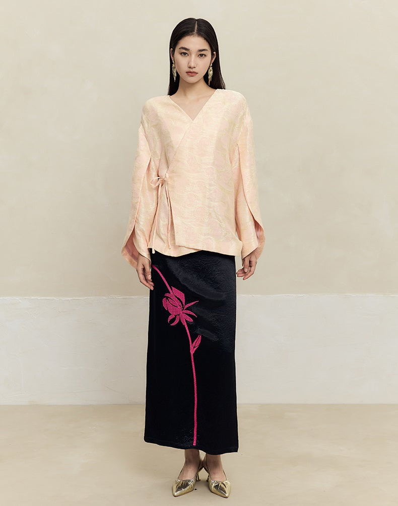 HECO 100% acetate rose embroidery texture black white skirt women - lifted.