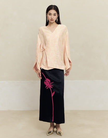 HECO 100% acetate rose embroidery texture black white skirt women - lifted.