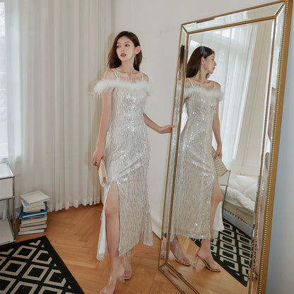 DOLLY Elegant White Sequin Feather Tube Top Fish Tail Slit Cocktail Dress-GINA